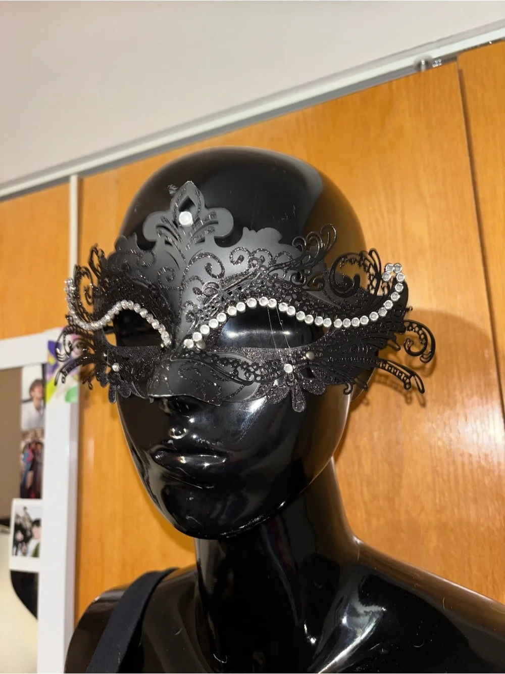 Black Lace Masquerade Eye Mask with Crystal Accent - Women Accessories